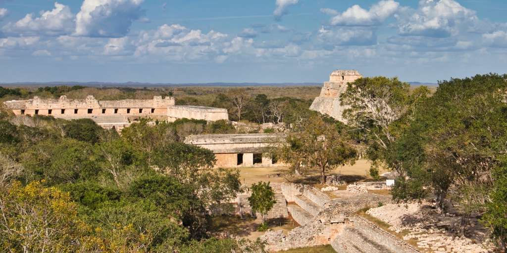 View of the Cuadrángulo de las Monjas in Uxmal, Yucatán, Mexico while on top of El Templo Mayor on a sunny day.