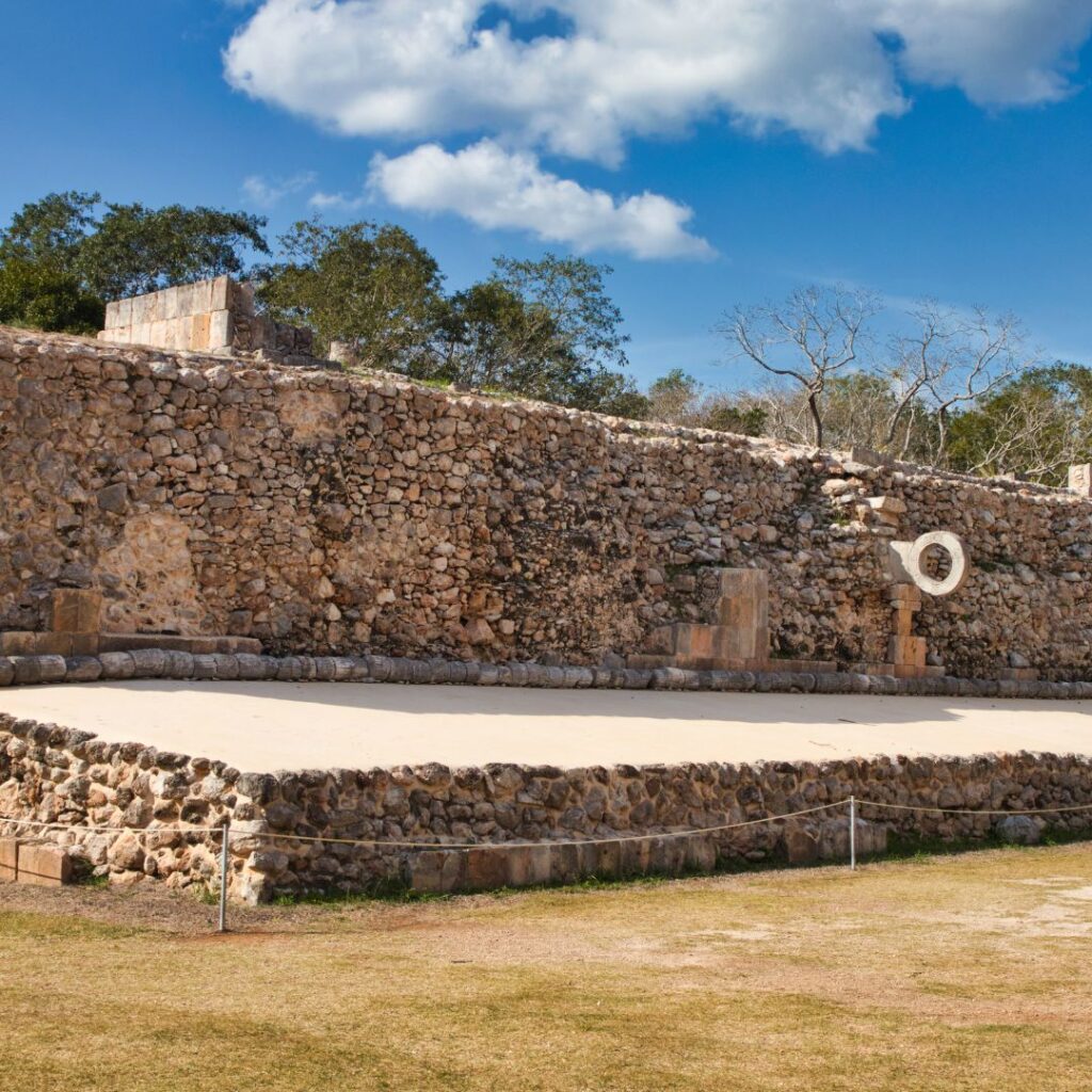 Pok ta pok Maya ballcourt in Uxmal Yucatán Mexico on a sunny day.