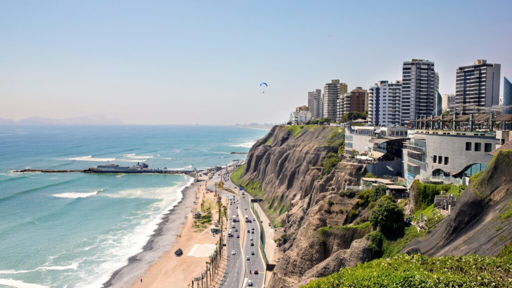 View of the Pacific Ocean from the Miraflores neighborhood in Lima, Peru.