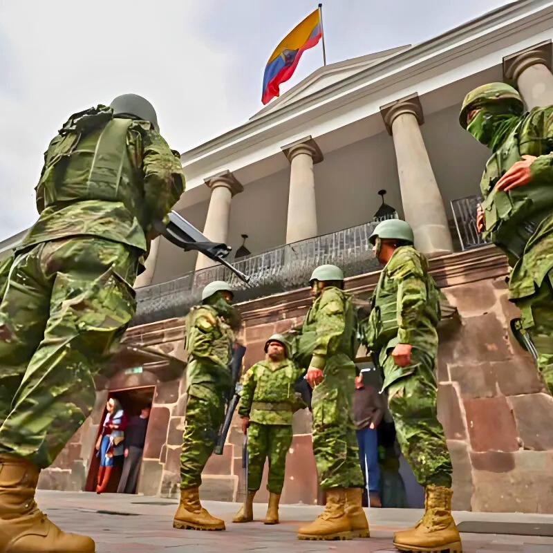 Ecuador - soldiers are armed standing in front of a building with Ecuadorian flag on top.