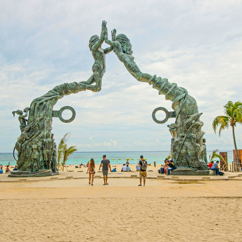 El Portal Maya 2012 with people wandering around in Playa del Carmen, Quintana Roo, Mexico.