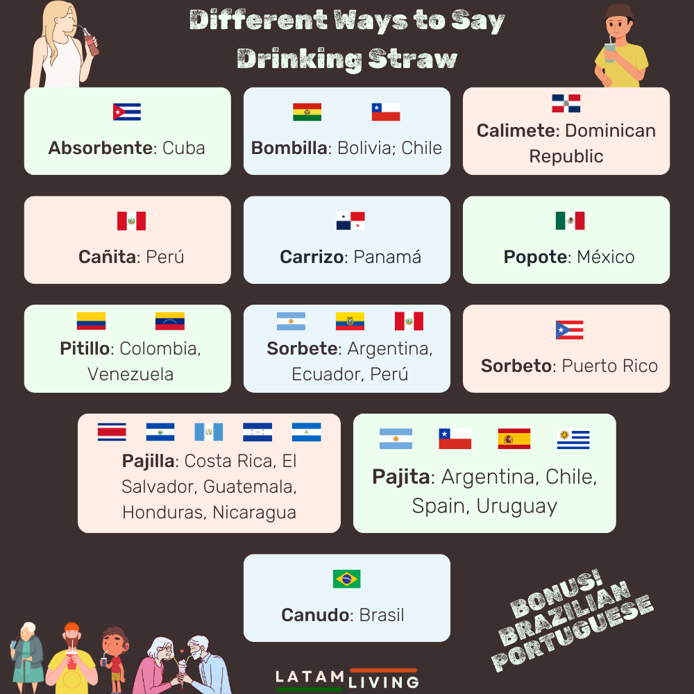Info graphic showing 11 different ways to say drinking straw in different Spanish speaking countries.