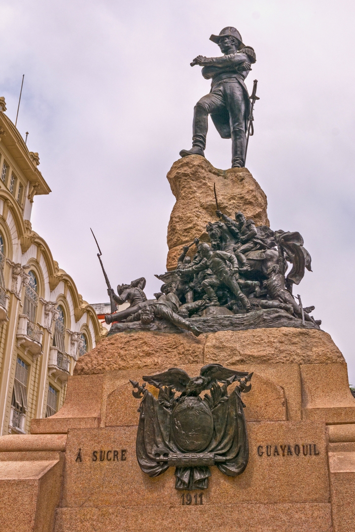 Statue of liberator Antonio José de Sucre on a cloudy day in Guayaquil, Guayas, Ecuador.